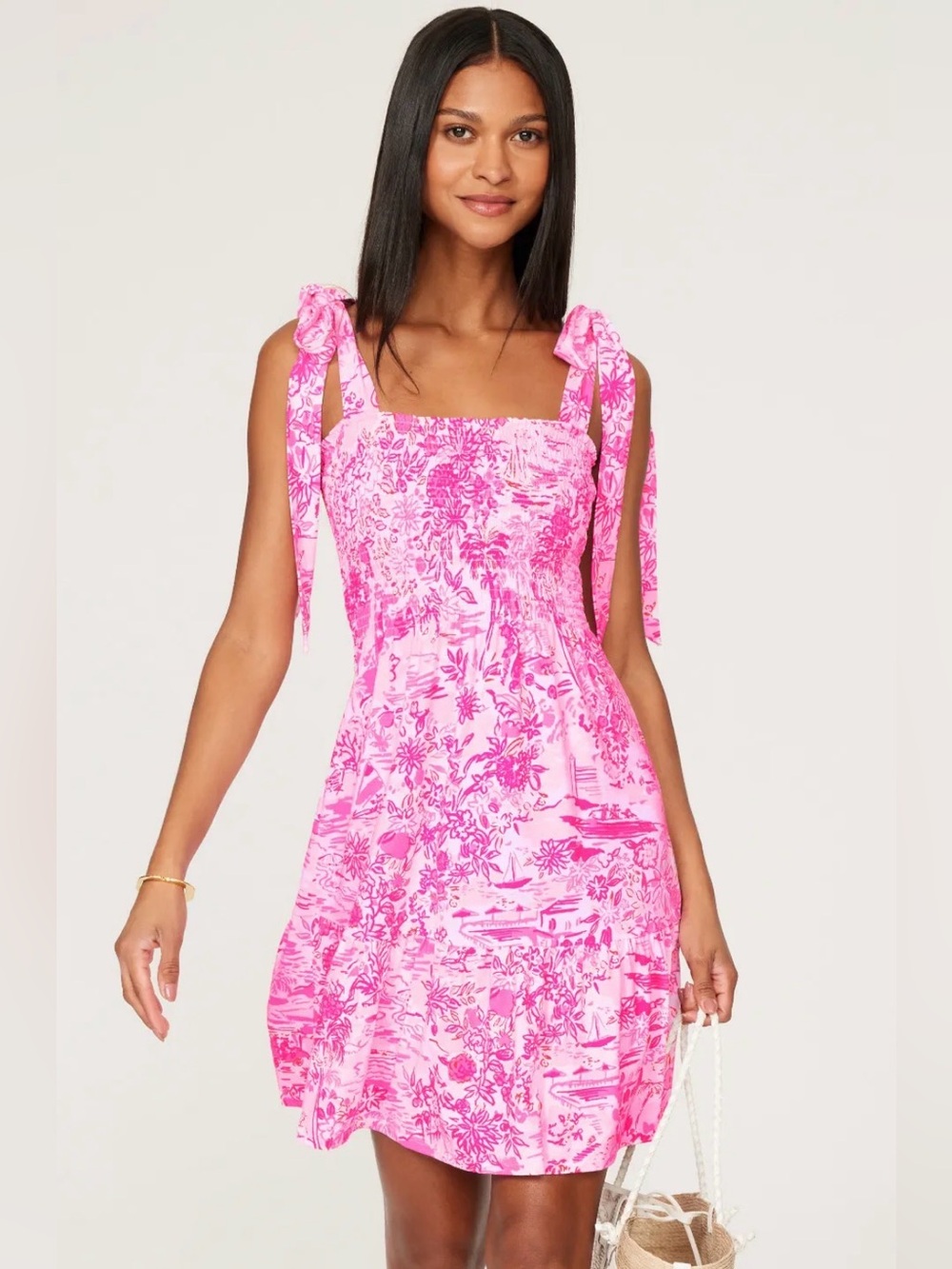 Lilly Pulitzer Kailua smocked tie-strap dress in the print Peony Pink Seaside
